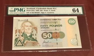 Scotland Clydesdale Bank 50 Pound 1996 Pick 225a Pmg 64 Prefix A Rare