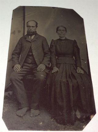 Rare Antique Victorian American Couple,  Man Big Bear Feet Tintype Photo Oddity