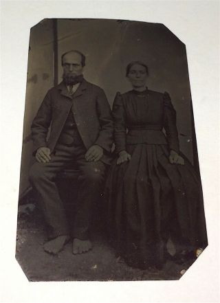 Rare Antique Victorian American Couple,  Man Big Bear Feet Tintype Photo Oddity 2