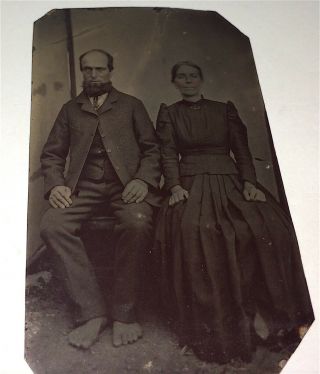 Rare Antique Victorian American Couple,  Man Big Bear Feet Tintype Photo Oddity 3