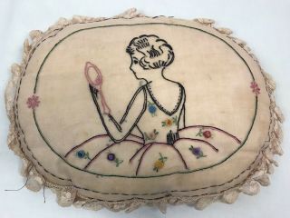 Antique Embroidered Oval Vanity Pillow,  Lace Trimmed