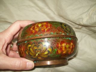 Antique Chinese Cloisonne Enamel Bronze Foot Lidded Box Jar