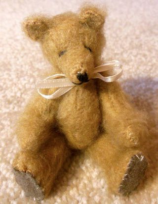 Vintage Miniature 4 " Jointed Teddy Bear Figure With Wooly Fur - Charming Fellow