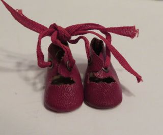 Antique Doll Shoes Tiny Red With Ribbon Ties