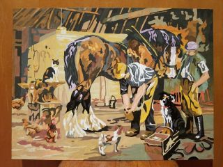 Vintage Paint By Number Horse Farrier With Horse In Barn Farm Animals 16 X 12