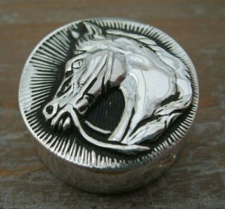 Antique Style Sterling Silver Snuff Or Pill Box With Horse Scene Lid