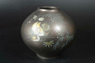 U5906: Japanese Casting Copper Flower Bird Sculpture Big Flower Vase Ikebana