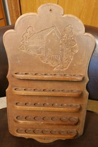 Antique Wood Thimble Rack Carved Wall Shelf Display Case For 35 Thimbles