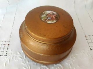 Antique Round Beehive Gold Tin Metal Trinket Face - Powder Music Box Victorian 5x3