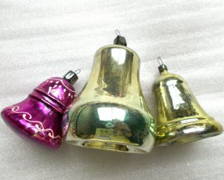 3 Antique Vintage Ussr Russian Glass Christmas Tree Ornament Decoration Bells