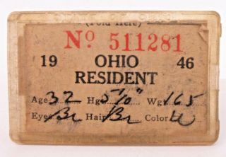 1946 Ohio Resident Fishing License Pinback Badge & Paper