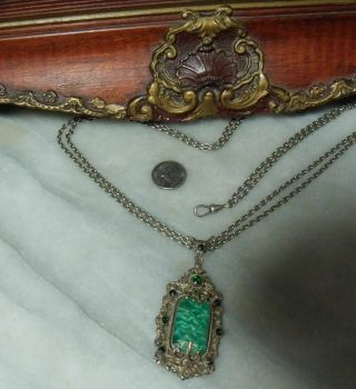 Antique Victorian Sterling Silver Heavy Very Rare Peking Glass Necklace