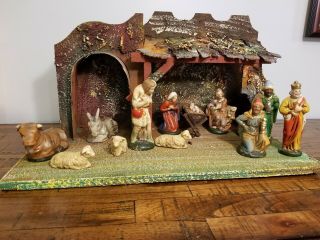 Vintage Nativity Made In Germany,  Large 14 Pc,  Rare Stamped Creche.