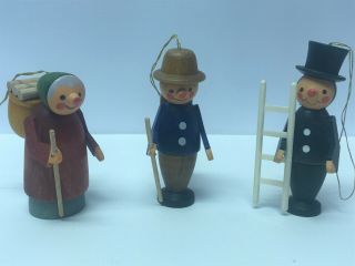 Vintage Wood Ornaments Rare? Chimney Sweep,  Wood Carrier,  Old Lady