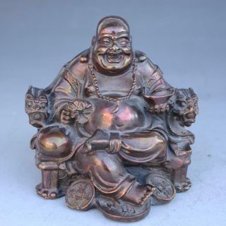 Chinese Old Copper Dragon Chair Happy Laugh Maitreya Buddha Yunabao Statue E01