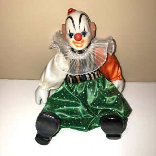 Vintage 11 " Creepy Bald Clown Doll With Porcelian Head Hands Feet Jester