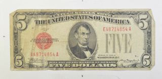 Uncommon 1928 - B $5.  00 Red Seal Us Note - Rare Note 953