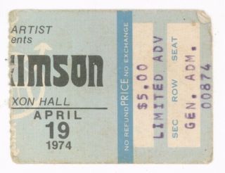 Rare King Crimson 4/19/74 Tampa Fl Curtis Hixon Hall Concert Ticket Stub