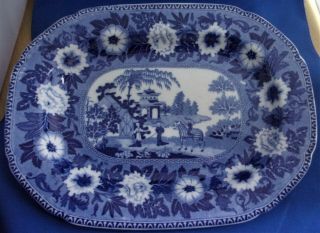 Antique Rogers Transfer Printed Blue & White Pottrery Platter - Zebra Pattern.