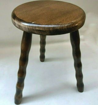 Vintage French Wooden 3 Leg Milking Stool,  Turned Wood Legs & Circular Seat