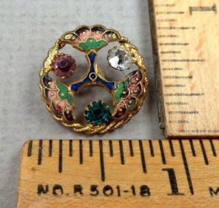 Antique Enamel Button 69,  1800s Brass Open - Work Fan Design W/ Paste Trim