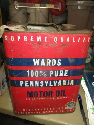 Antique Vintage Wards Pure Pennsylvania 2 Gallon Oil Can Red Blue Advertising
