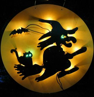 Halloween 15 " Glowing Moon Lighted Sculpture Flying Witch Cat & Bat W/box Rare