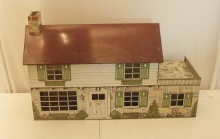 Vintage Marx Tin Litho 2 Story Metal Doll House With Pine Trees On Shutters