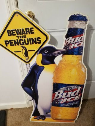 Budweiser Beer Ab Rare Vintage Bud Ice Beware The Penguins Advertising Sign