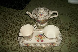 Antique H&k Tunstall Teapot Creamer Sugar & Tray Flowers Pansies ??? England