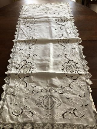 Pretty Antique Italian Linen Embroidered Dining Table Runner Filet Lace Insert