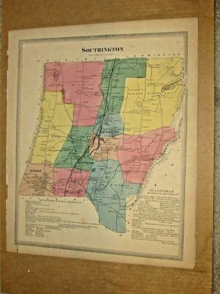 Antique 1869 Southington,  Ct. ,  Hand Colored Map.  & In