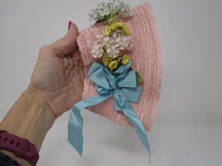 Vtg 1950 Pink Wrap Around Large Doll Hat W/ Millinery Flowers & Ribbon For Dress