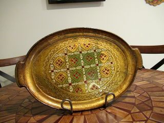 Vtg Italian Florentine Toleware Gold Gilt Oval Tray - Florence - Made In Italy