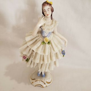 Vintage Dresden Ballerina Dancer Porcelain Lace Figurine Rare N Crown
