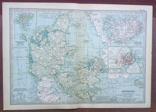 Antique Map Of Denmark & Iceland Copenhagen Faroe Islands Aarhus Randers 1903