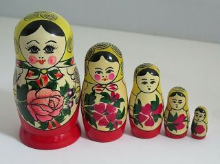Vintage Russian Matryoshka Wood Stacking Nesting Dolls Flowers Set Of 5