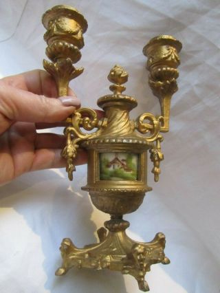 Antique French Ornate Gilt Metal & Porcelain Plaque Candlestick Candelabra