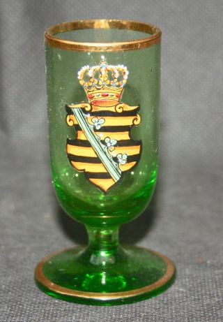 Antique Bohemian Moser Green Gilt Liqueur Glass With Enamelled Shield Decoration