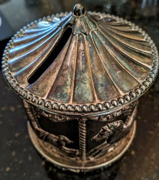 Vintage/antique Leonard Silver Plated Cast Metal Horse Carousel Coin Bank