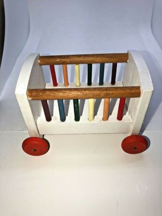 Vintage Solid Painted Wood Miniatures Dollhouse Nursery Room Crib With Wheels
