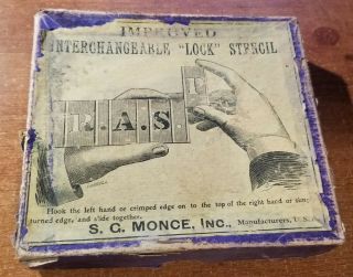 Antique S.  C.  Monce Improved Interchangeable " Lock " Stencil Set 70 Piece Brass