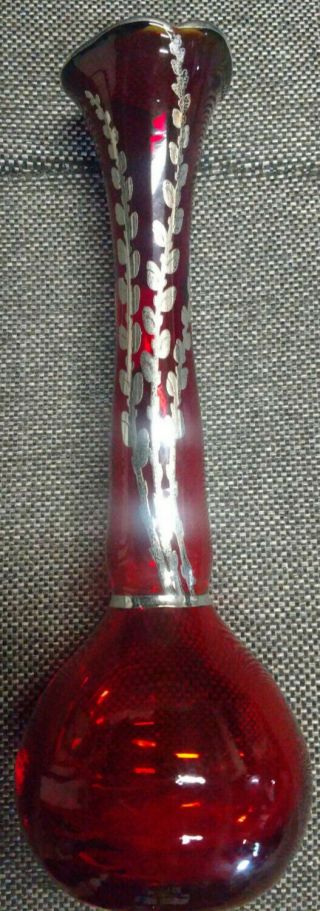 Vintage Rockwell Sterling Silver Overlay Red Glass Bud Vase 10 "