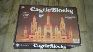 Vintage 1986 Chadwick Castle Blocks 100 Piece Wooden Block Set W/ Wooden Tray
