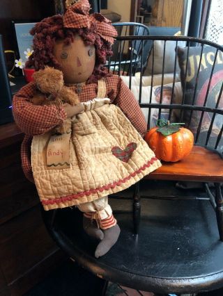 Primitive Handmade Raggedy Ann Doll Folk Art 20 " With Teddy Bear Artist Ooak