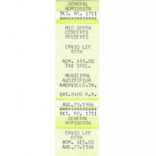David Lee Roth & Cinderella Concert Ticket Stub Nashville 8/23/86 Van Halen Rare