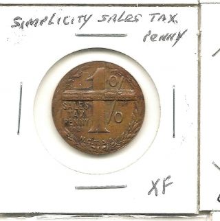 Rare Tax Token - Simplicity Sales Tax Penny - 1921