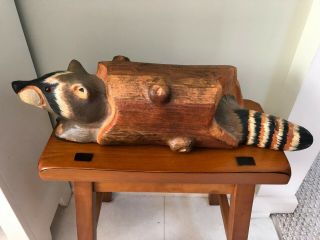 Big Sky Carvers Raccoon In Log Solid Wood Carving Sculpture Ultra Rare 