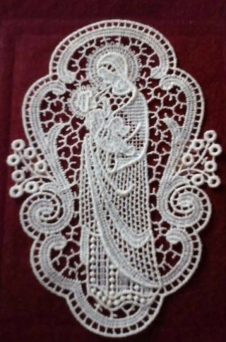 Vintage Antique Madonna W Child Picture Embroidered Lace Handmade