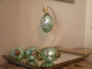 Vintage 4 " Teardrop Aqua Crackle Glass Kugel Antique Style Ornament